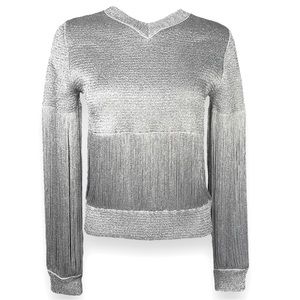 Bottega Veneta Fringe Metallic Silver V neck Sweater -  Size Medium AUTHENTIC